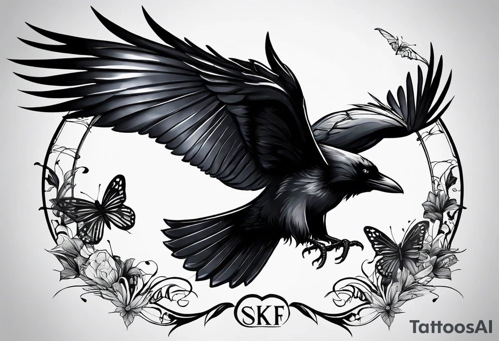 A raven and a butterfly flying together. 
In the background is the name Malia.
In the background is the name SKF.
The number 89 can be seen in the background.
There is also a scorpion in the wing of the butterfly. tattoo idea
