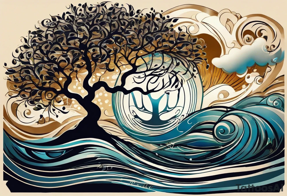 A tattoo design that incorporates the following elements: an abstract tree of life that has roots emerging  from the ground. Waves of water encapsulate the tree and wind around it in an organic way.  Incorporate music.   the letters U and A are overlapping and engraved into the tree. a golf ball incorporated but not prominent. tattoo idea