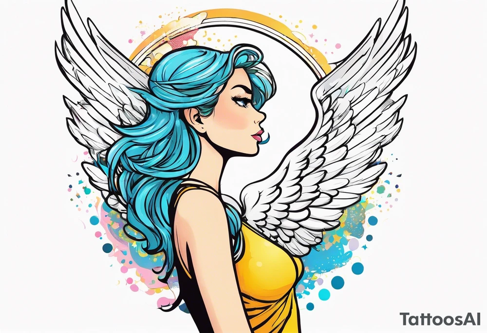 comic book style art, girl angel side profile, with wings, with floating halo, anime style tattoo idea