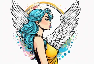 comic book style art, girl angel side profile, with wings, with floating halo, anime style tattoo idea