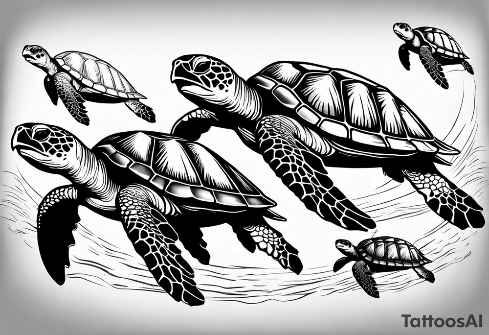 Four sea turtles swim in a row one after the other tattoo idea