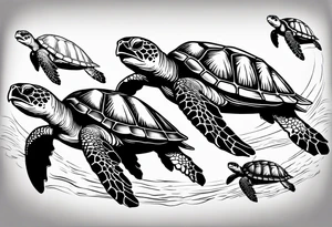 Four sea turtles swim in a row one after the other tattoo idea