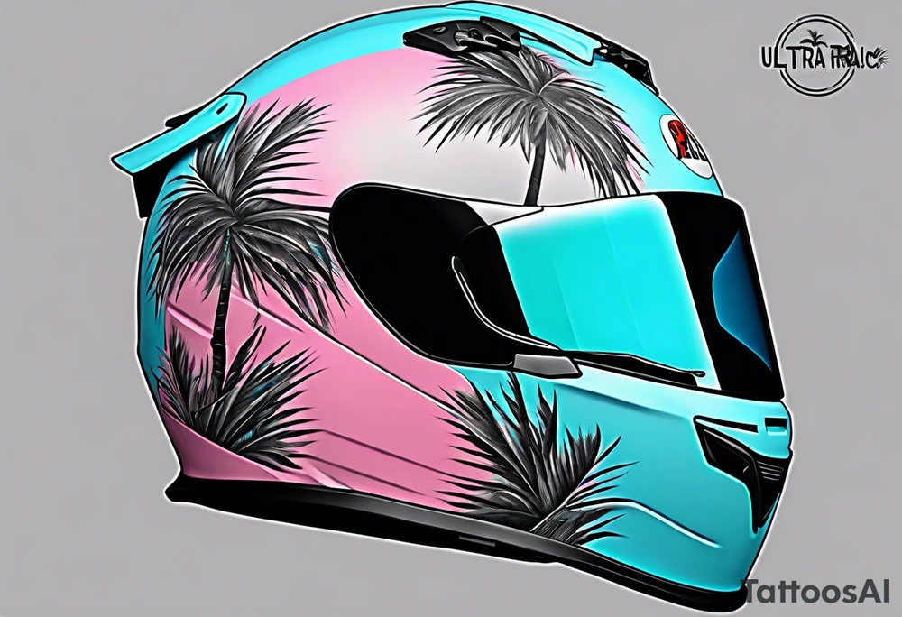 formula 1 helment with a palm tree and black light blue and pink colors tattoo idea