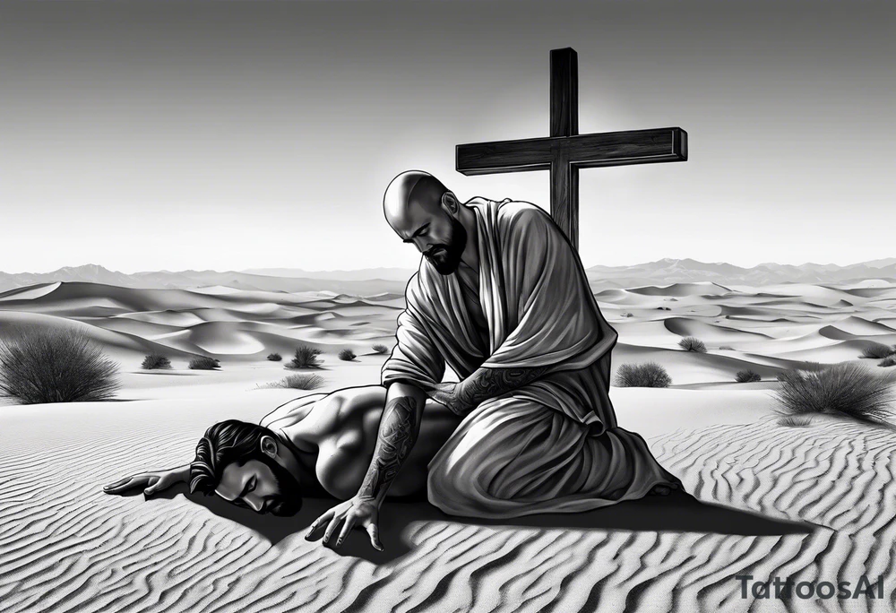 man crawling in a desert reaching to the cross of Christ tattoo idea