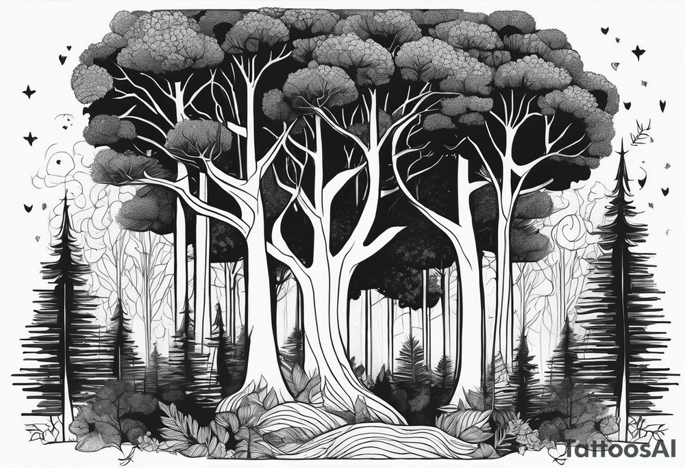 Draw me a Magical forest with s lot of trees in 2D and every tree is black and you see every treetop tattoo idea