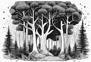 Draw me a Magical forest with s lot of trees in 2D and every tree is black and you see every treetop tattoo idea