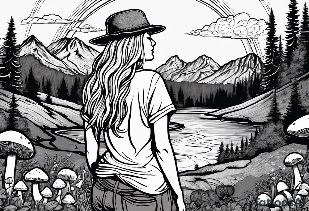 Whole picture encircled fully

Straight long blonde hair hippie girl in distance holding mushrooms in hand facing away toward mountains and creek surrounded by mushrooms tee shirt and hiking pants; whole rendering within a full circle, no cut off circle tattoo idea