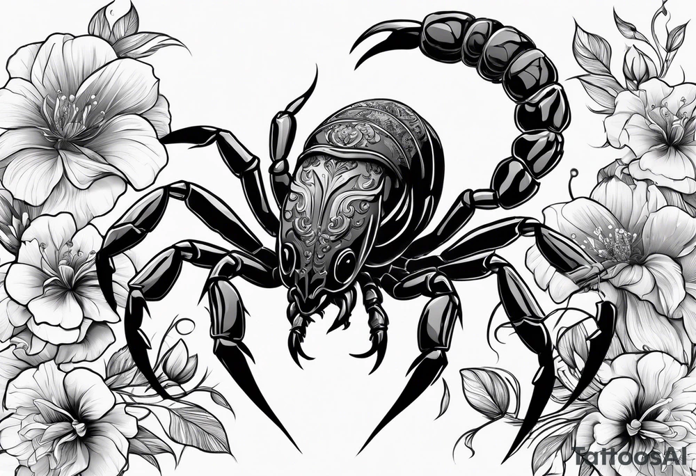 futuristic scorpion animation with flowers bloody tattoo idea