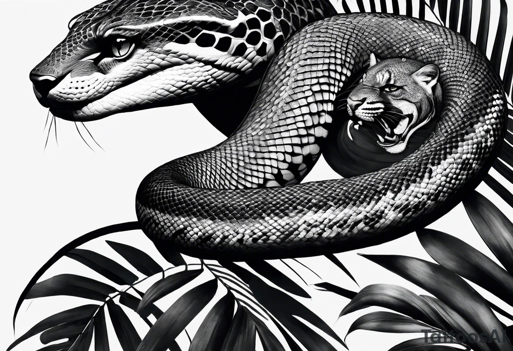 Black and grey realism with a pit viper snake, jaguar, and rainforest background for a forearm sleeve. Create the snake and jaguar to have aggressive features. I want the jaguar and snake separately tattoo idea