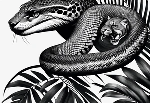 Black and grey realism with a pit viper snake, jaguar, and rainforest background for a forearm sleeve. Create the snake and jaguar to have aggressive features. I want the jaguar and snake separately tattoo idea
