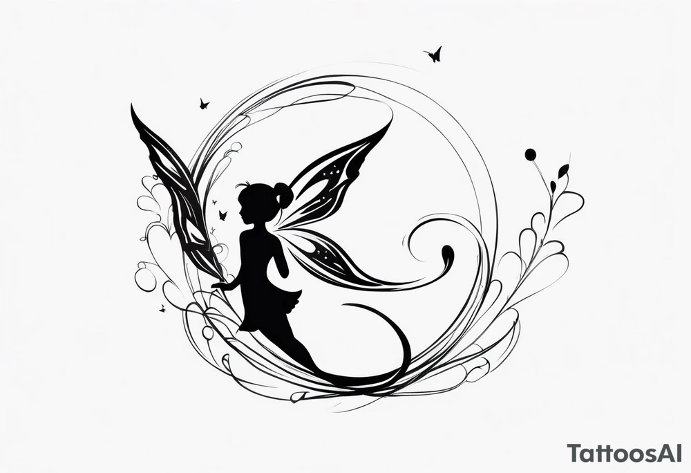 Minimalistic, monochromatic fairy with a tail flying to the left in a fetal position, leaning and looking in the same direction, with visible hands, embodying the 'Fairy Tail' logo aesthetic. tattoo idea