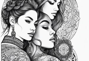 three person side by side. a really young Daughter on the left, mother in the middle, really old grandmother on the right. greater age difference, in an artfully decorated frame tattoo idea