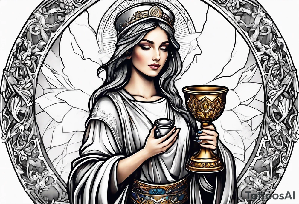 Female saint holding a chalice tattoo idea