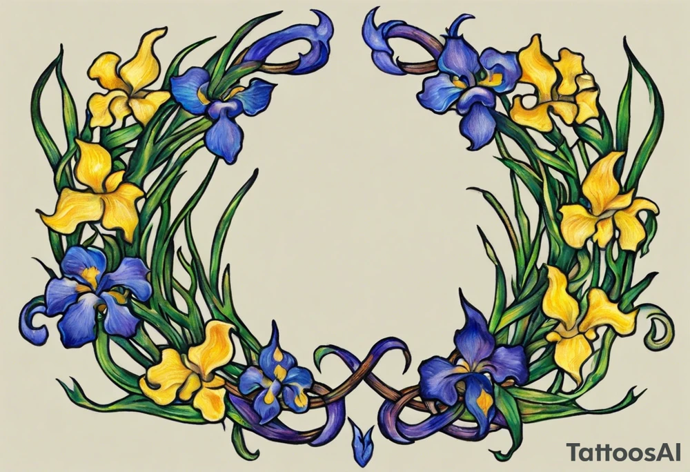 Create a colorful small Vincent van Gogh Irises tattoo with Celtic knots. The tattoo should take the form of a crescent, with vines gracefully intertwining at a central point in the middle of the wreath. Ensure that the design avoids the appearance of a bush and maintains a more structured and deliberate arrangement. The intended placement is on the upper chest. The overall design should be small in size while maintaining a delicate and artistic aesthetic. Pay attention to the graceful flow of the vines and the placement of the irises to achieve a refined and elegant look tattoo idea