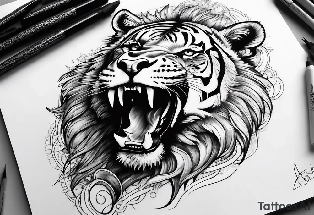 leão com relógio e bússola tattoo idea