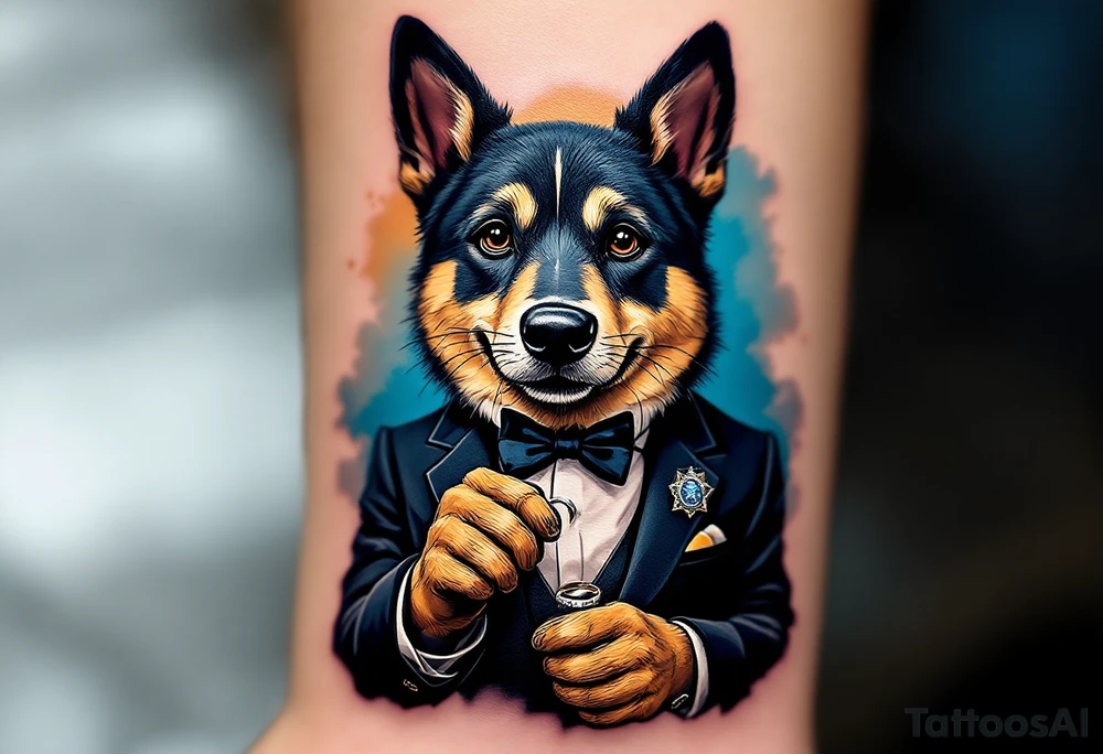 Chase in a suit with a bow tie, holding a wedding ring in his paw, surrounded by a soft blue and gold gradient background. His police badge is detailed with sparkling silver accents, symbolizing protection and loyalty. tattoo idea