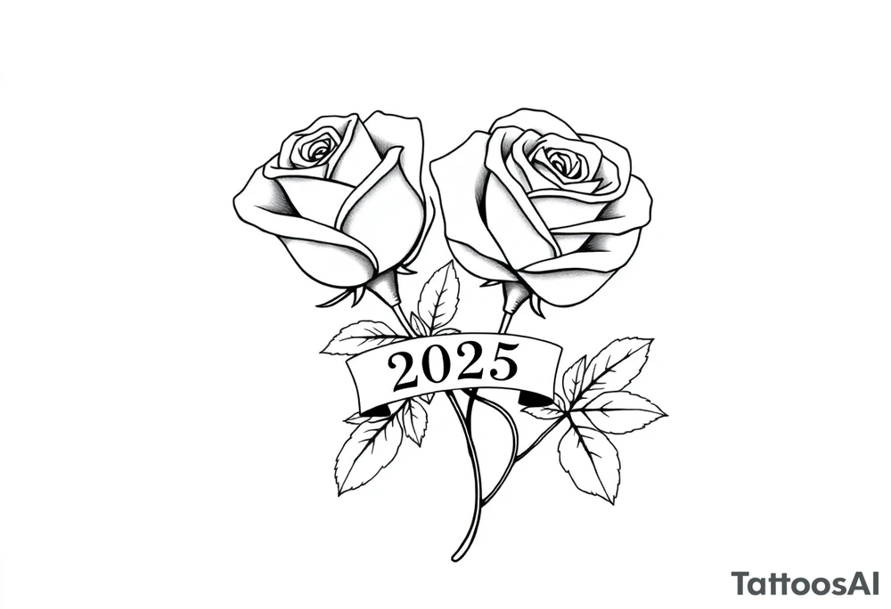two beautiful large rose buds, one larger than the other, with many leaves next to the rose buds, with one sitting higher than the other. Include a banner connecting the two roses with the year 2025 on it.   Use dark outlines with little shading. The two stems should be short, not long, and connect and join into one stem, whimsically curved or twisted - not straight down. tattoo idea