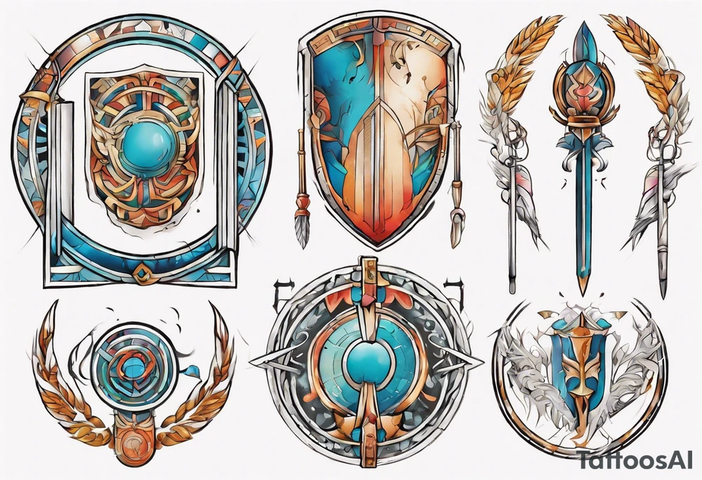 a colorful delicate rectangle-long tattoo within a half-circle configuration with a shield and spear with ancient Greek art intertwined tattoo idea