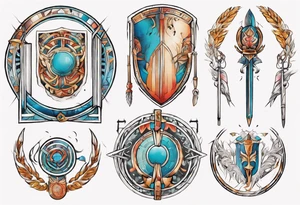 a colorful delicate rectangle-long tattoo within a half-circle configuration with a shield and spear with ancient Greek art intertwined tattoo idea