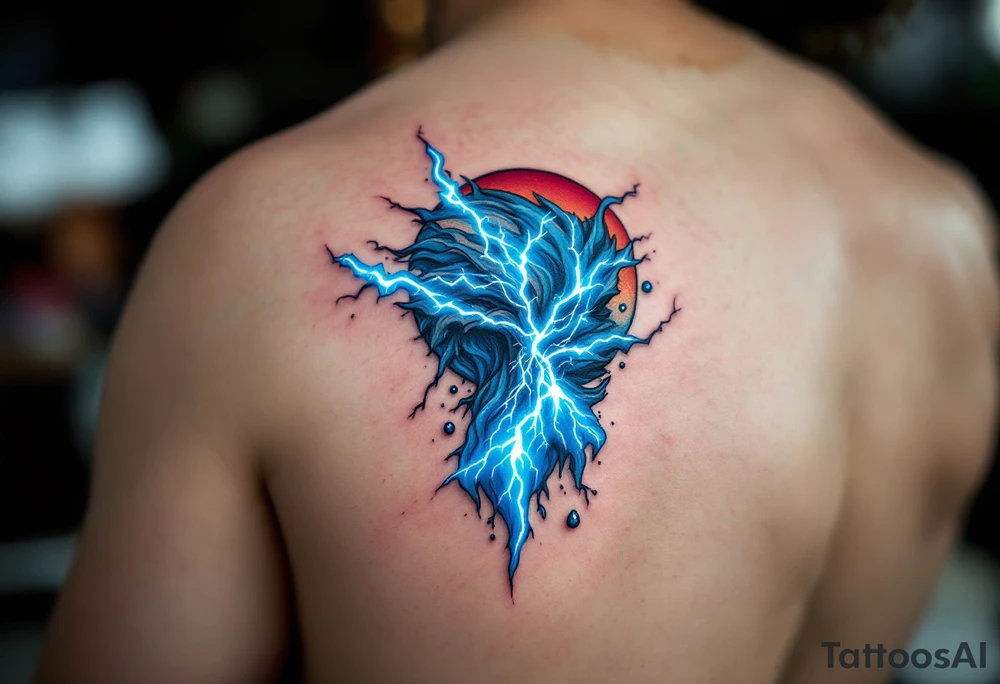 A surreal Aquarius formed by merging water and electricity, crackling with blue and white lightning. tattoo idea