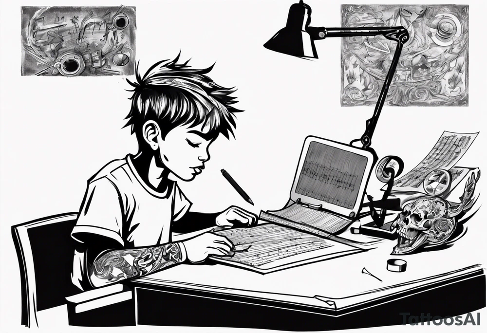 boy sitting at desk humming music tattoo idea