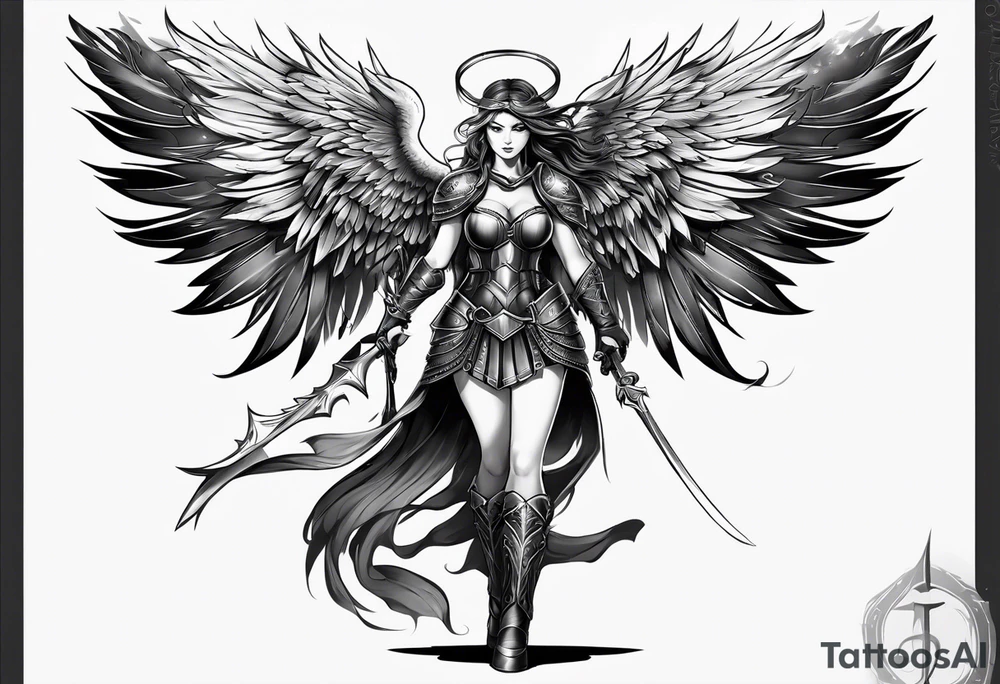female warrior angel in black standing tattoo idea