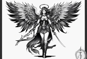 female warrior angel in black standing tattoo idea
