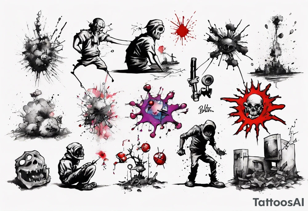 - blot 
- bomb
- atoms splitting
- beauty
- life at a small scale
- man against the world
- doom
- banksy tattoo idea