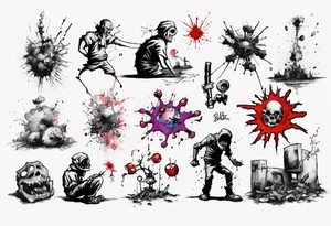 - blot 
- bomb
- atoms splitting
- beauty
- life at a small scale
- man against the world
- doom
- banksy tattoo idea