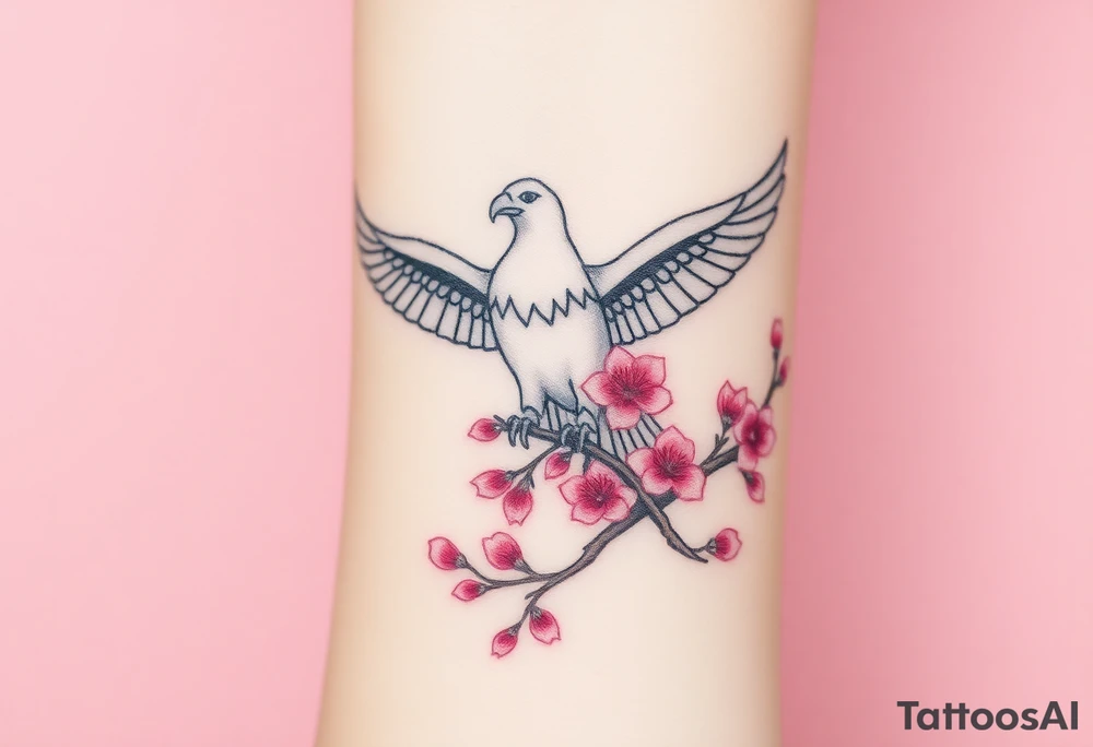A peaceful eagle resting on a cherry blossom tree branch, surrounded by soft pink petals floating in the wind tattoo idea