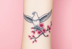 A peaceful eagle resting on a cherry blossom tree branch, surrounded by soft pink petals floating in the wind tattoo idea