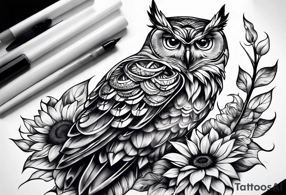 Owl and sunflower sleeve tattoo idea