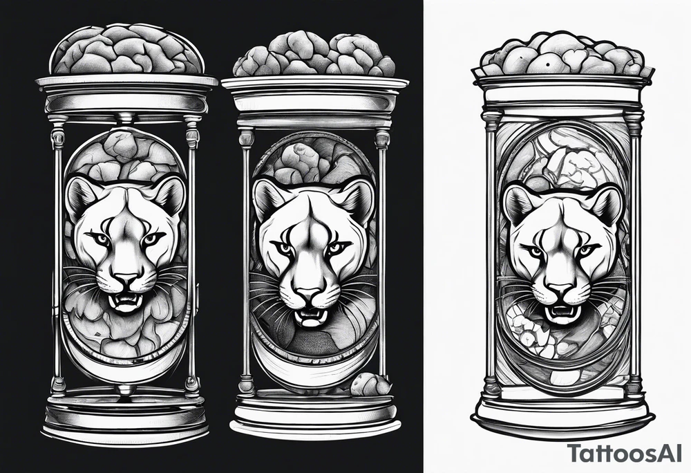 Brain in sagittal section and angry cougar inside hourglass tattoo idea Brain in sagittal section and angry cougar inside hourglass tattoo idea