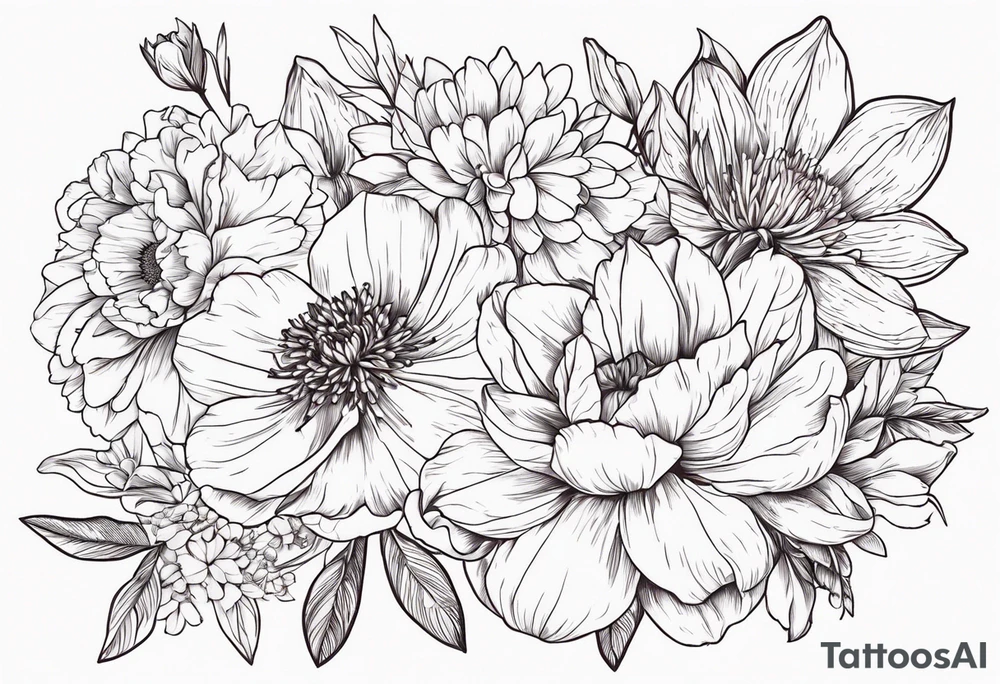 8 flowers bouquet carnation daffodil rose peony daphnee dahlia desiree daisy tattoo idea