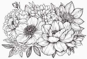 8 flowers bouquet carnation daffodil rose peony daphnee dahlia desiree daisy tattoo idea