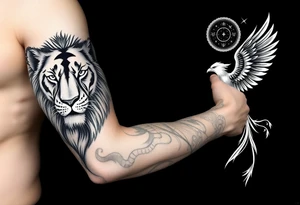 Lion face-on at forearm. phoenix face-on spreading wings evenly and rising from ashes into night sky and Leo zodiac tattoo idea