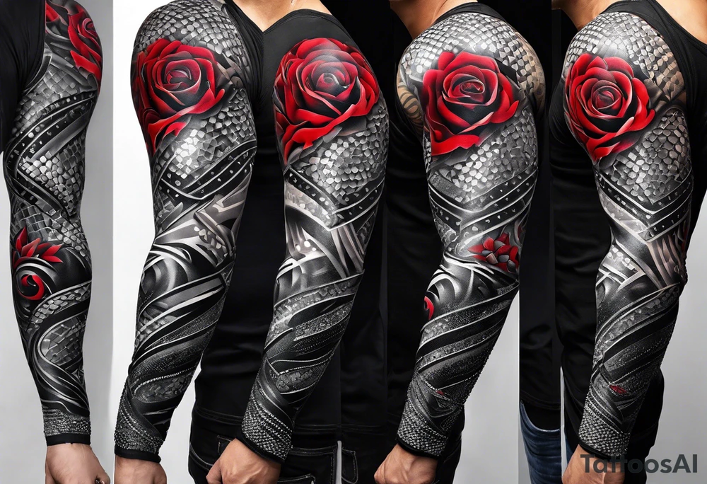 Full Arm sleeve, black, gray, silver, red, subtle motorcycle chain, include references to wrestling tattoo idea