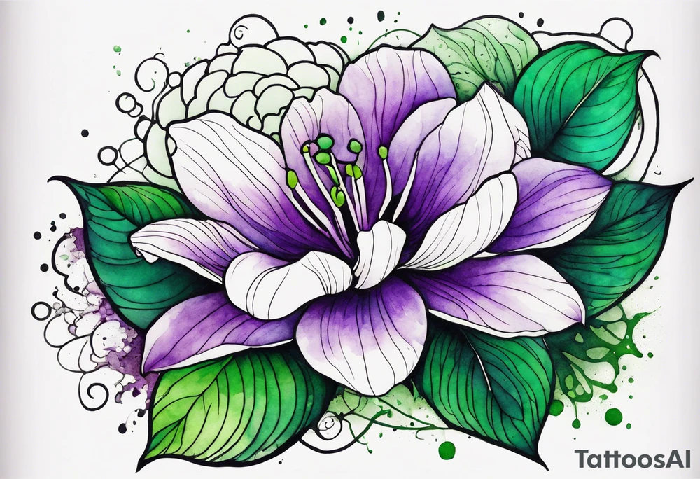 A mystical outline of a rio dipladenia flower with green/purple pedals and a green/purple watercolor splash in the background tattoo idea