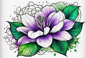 A mystical outline of a rio dipladenia flower with green/purple pedals and a green/purple watercolor splash in the background tattoo idea