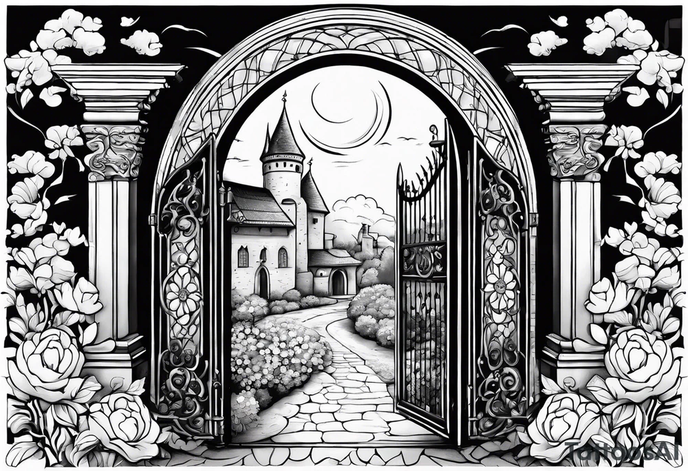 night medieval town garden gate entrance 
 in circle vignette surrounded by clouds floral tattoo idea