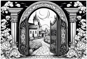 night medieval town garden gate entrance 
 in circle vignette surrounded by clouds floral tattoo idea