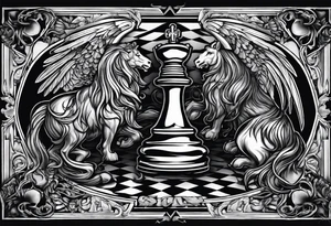 a chessboard with angelic and demonic chess pieces engaged in a strategic game, symbolizing the eternal battle between opposing forces. tattoo idea