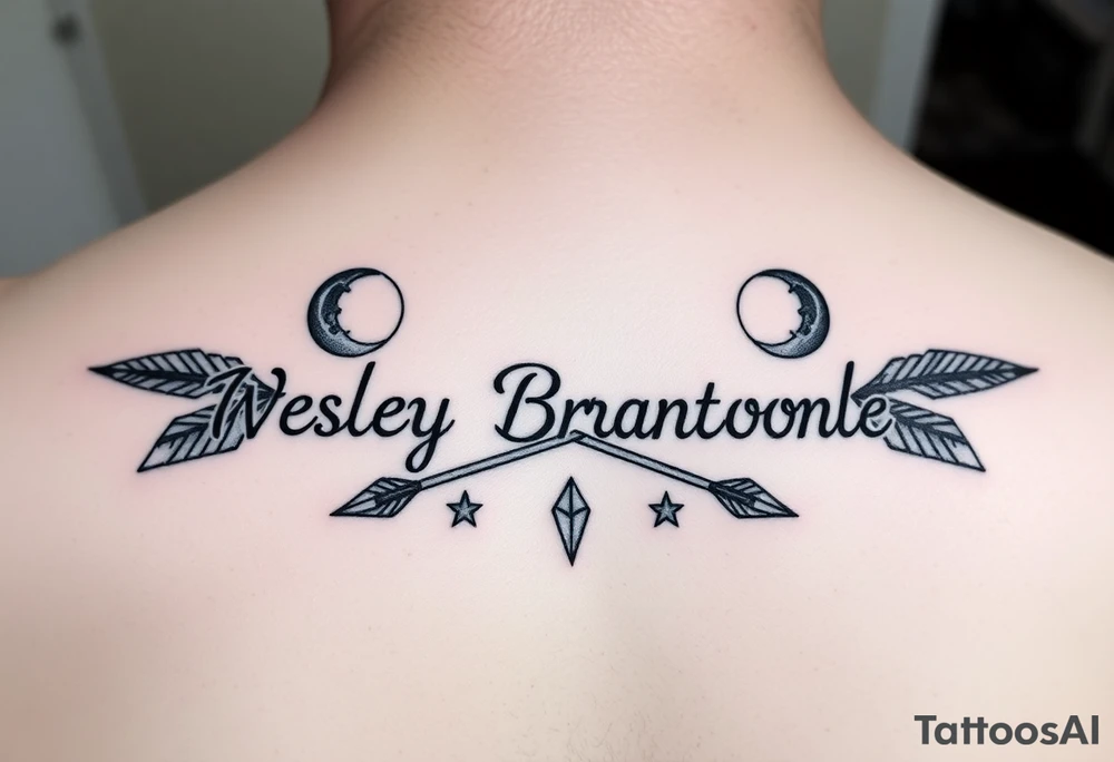 Name tattoo with Wesley Brantley Logan with entwined arrows and moons and stars tattoo idea