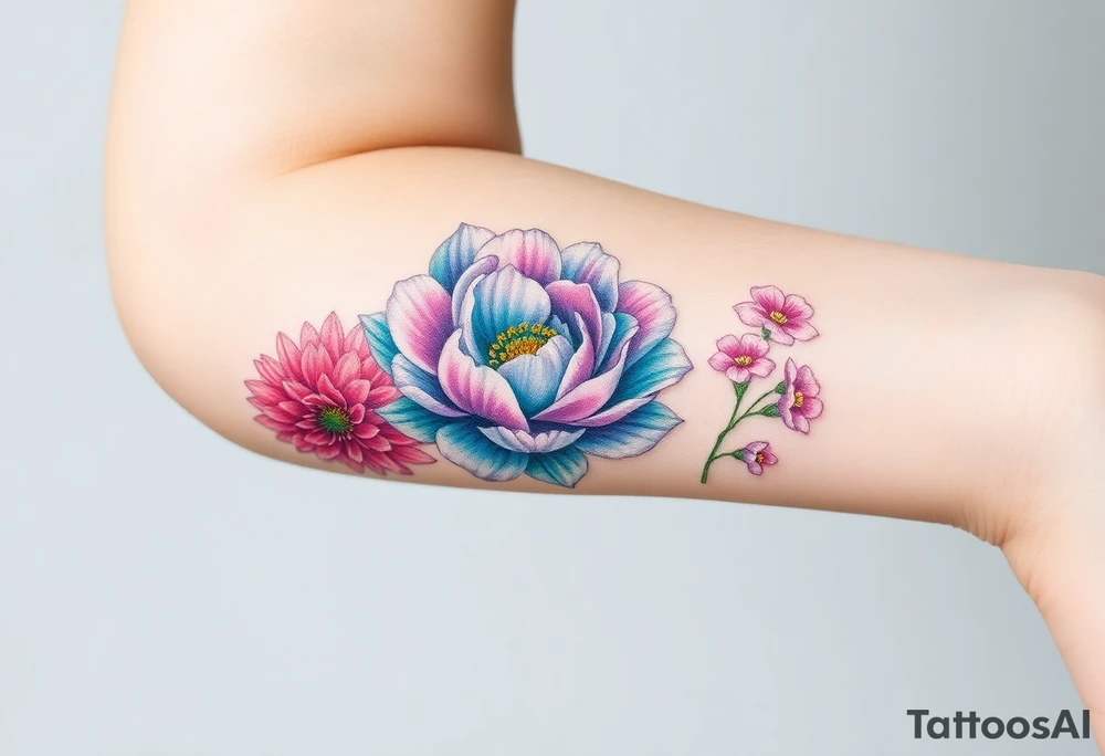 Three separate flowers. Chrysanthemum, peony, and larkspur. tattoo idea