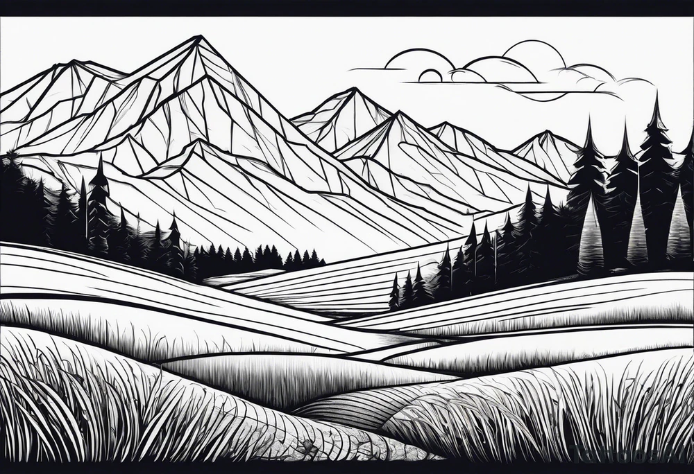 negative blackwork with mountains, hills and wheat field at bottom tattoo idea