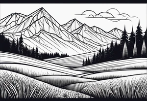 negative blackwork with mountains, hills and wheat field at bottom tattoo idea