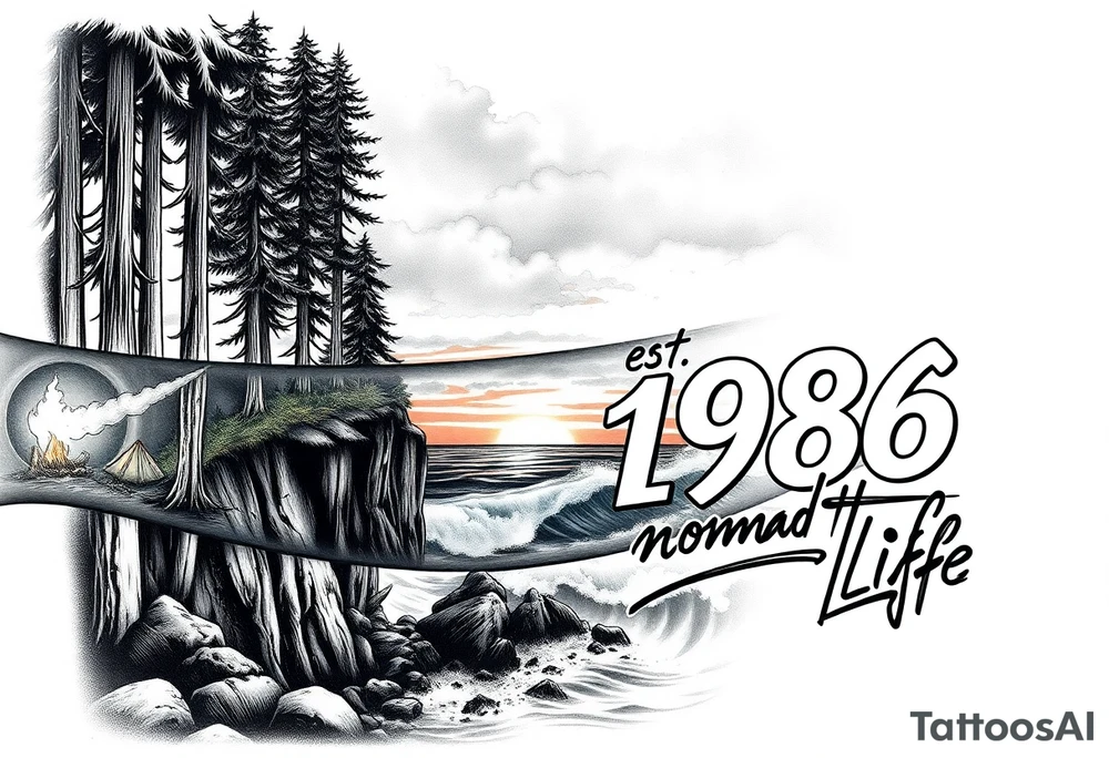 Collage of Redwood forest cliff huge trees campfire smoke and sunset meeting ocean  with huge waves crashing on the rocky shoreline and a night ski with the words "est.1986 nomad life" in graffiti like old English custom letters tattoo idea