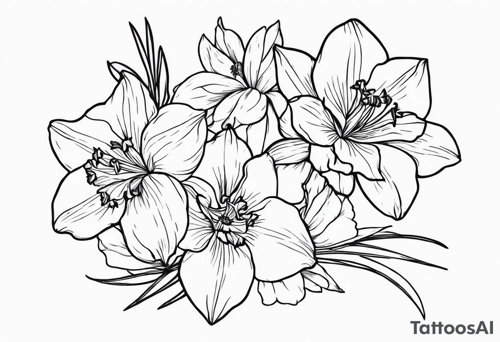 Larkspur and narcissus flowers tattoo idea