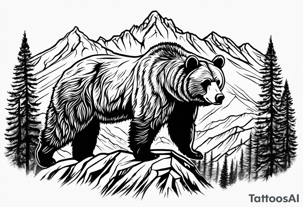 Grizzly bear outline and Teton mountain range tattoo idea