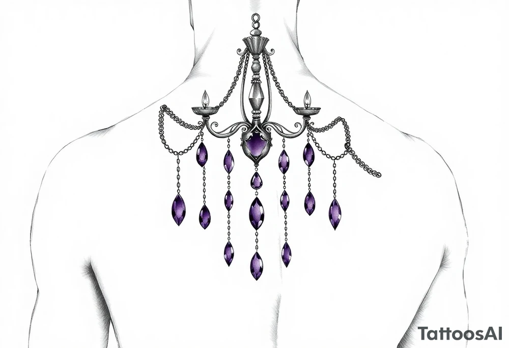 The chandelier sits slightly off-center on the shoulder cap. Multiple jewel chains (teardrop, oval, crystal shapes) drape toward the upper arm and collarbone. Each gem is shaded in deep purples. Small ornamental metalwork wraps around the shoulder like armor. Wax drips subtly down the arm. tattoo idea